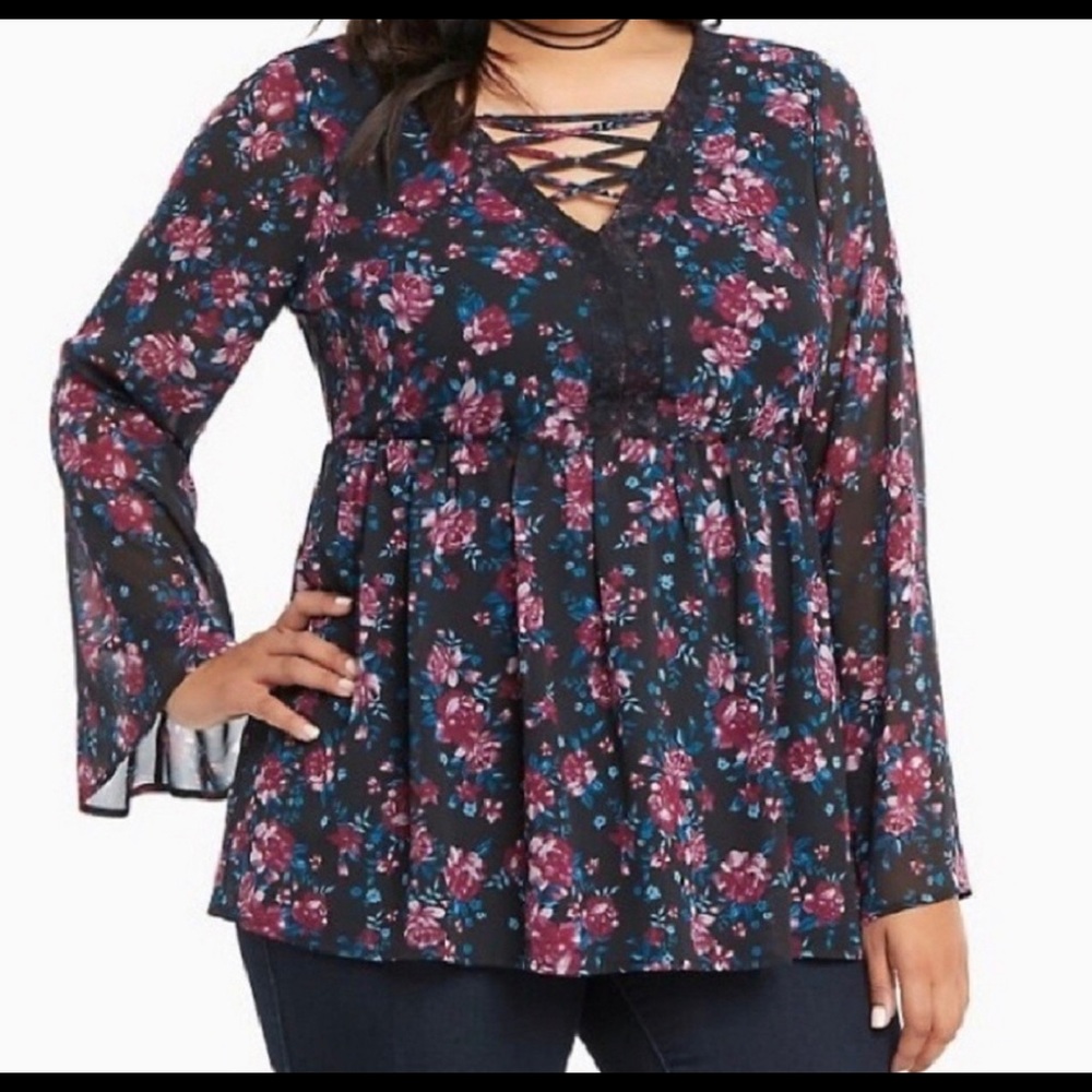 Torrid purple floral strappy bell sleeve blouse